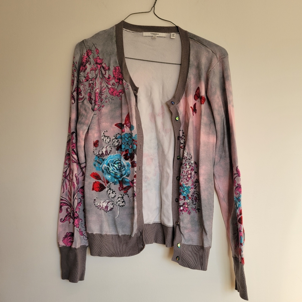 Vertigo Paris Silk Floral Cardigan with Butterfly Accents, Size: Medium - Picture 2 of 16